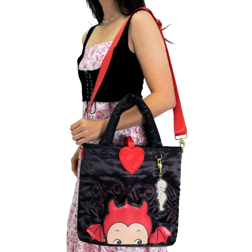 Kewpie Devil Black Puffy Tote Bag w/ Angel Acrylic Charm
