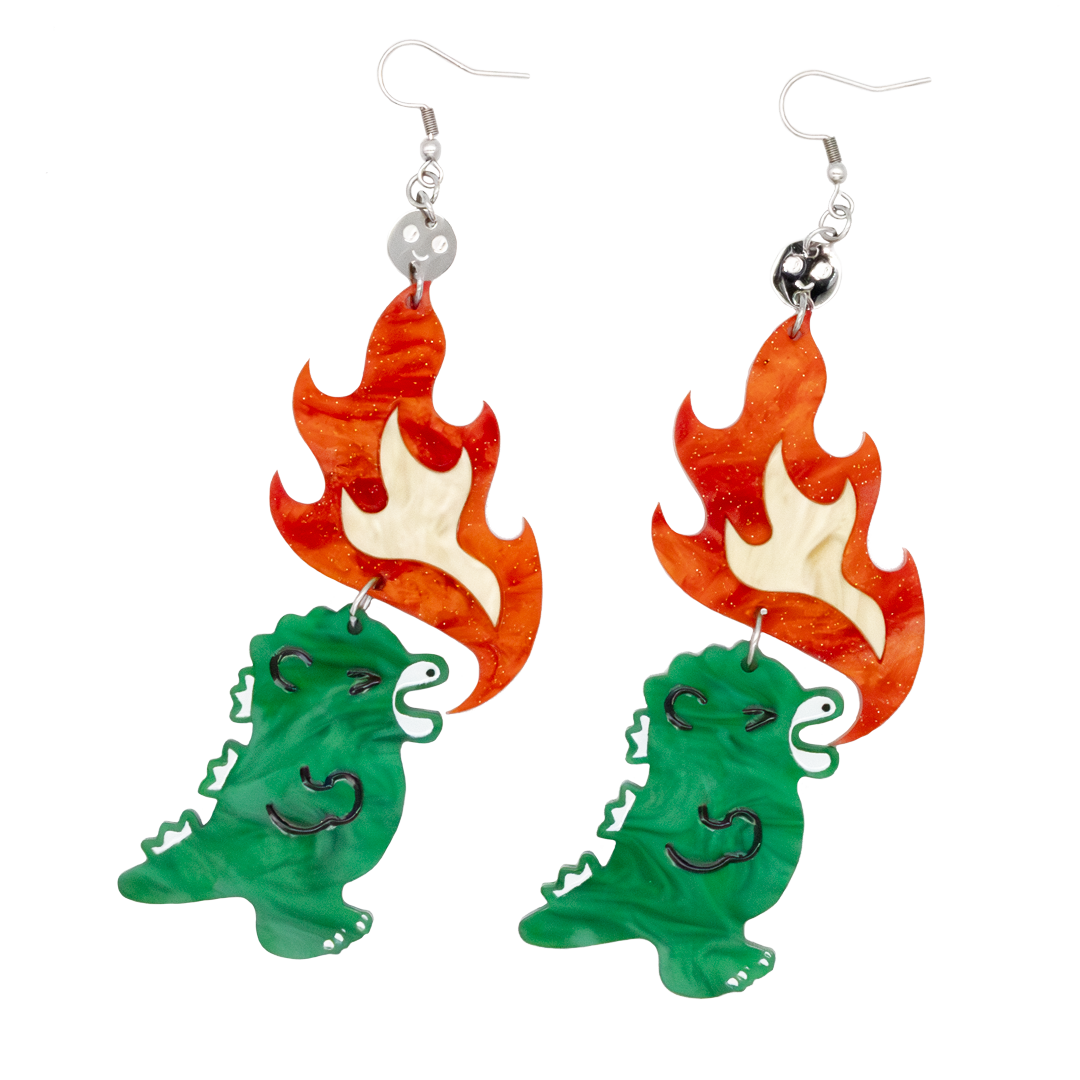 Chibi Godzilla Raids Again Breathing Fire Acrylic Earrings